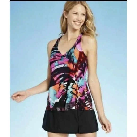Aqua Green Women's Racerback Tankini Swim Top Black Multicolored Size Small NEW - Picture 1 of 5